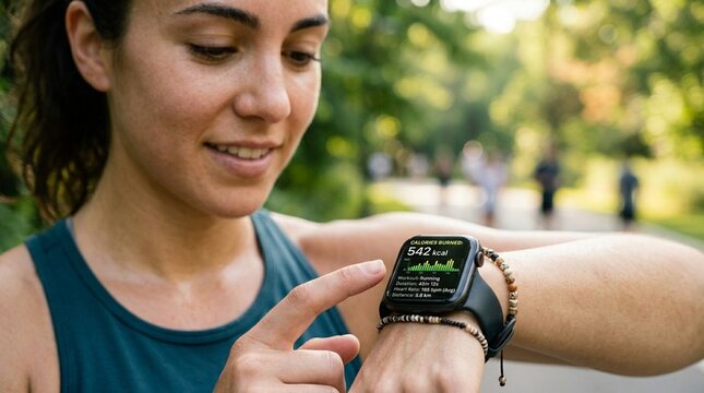 Woman Checking Smartwatch for Calories Burned &ndash; Fitness Tracking Technology