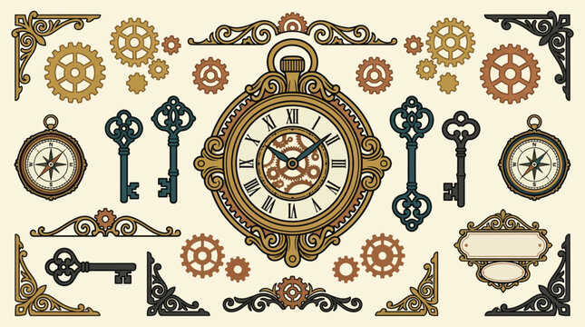 Victorian clockwork gear ornament vector set with antique keys, watch face frames, mechanical borders and steampunk decorative elements
