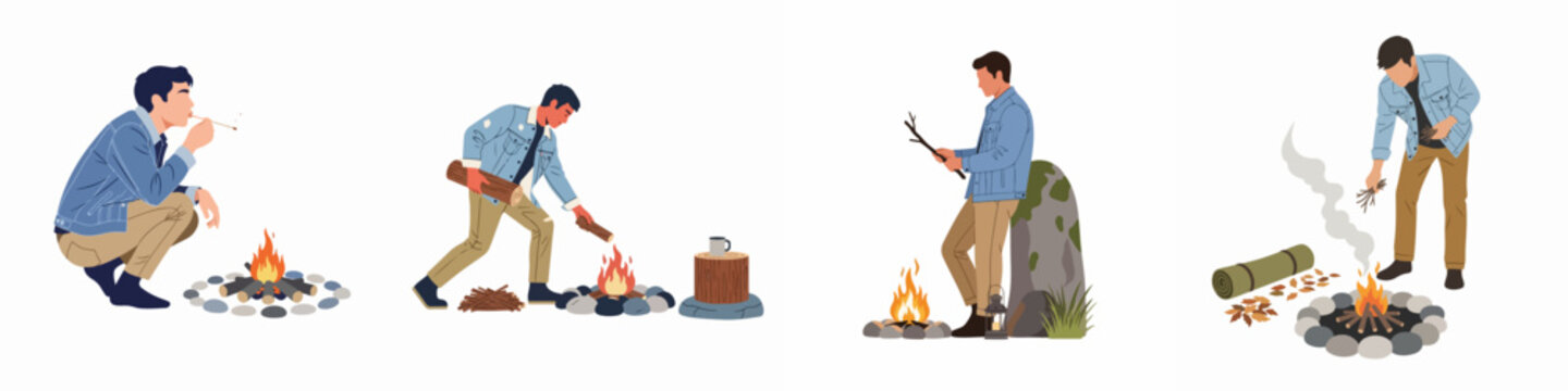 Vector illustration set of a man building a campfire, gathering firewood, and relaxing by the flames in the great outdoors.