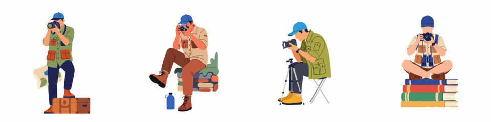 Fototapeta premium Set of flat vector illustrations featuring male photographers in different outdoor travel and adventure scenarios, using cameras and equipment on a white background.
