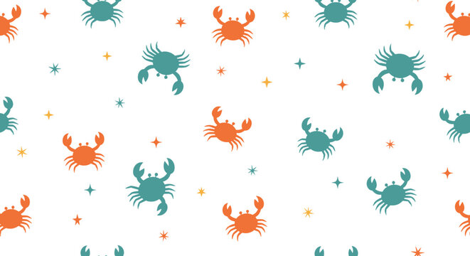 Seamless coastal pattern featuring small orange and blue crabs and twinkling stars in various colors scattered on a clean white background for kids.