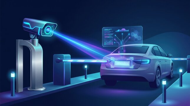A security guard oversees vehicle entry using plate recognition technology at a parking facility at night, ensuring safety and access control.