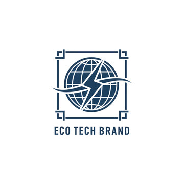 Globe map grid icon featuring central lightning bolt and side wave shapes inside a square frame mark.