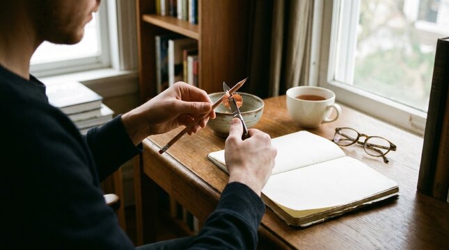 Man sharpening pencil with pocket knife over wooden desk with tea cup and open journal art.