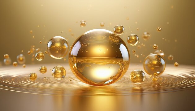 gold transparent glass water bubbles gel sphere skincare essence ball liquid oil foam cells science moisture face lifting anti aging luxury energy drop of oil beauty cosmetic 3d render