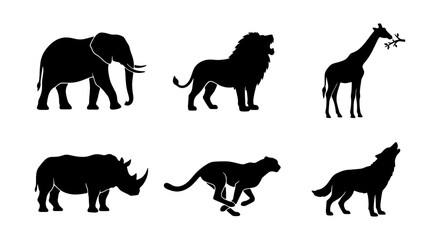 African Wildlife Silhouettes: Elephant, Lion, Giraffe, Rhino, Cheetah, Wolf Vector Icons © Abdul