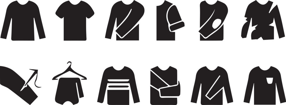 Clothing fashion silhouette icon set, shirt hanger vector, striped pocket artwork, layered design graphic, apparel style emblem, wardrobe symbol illustration