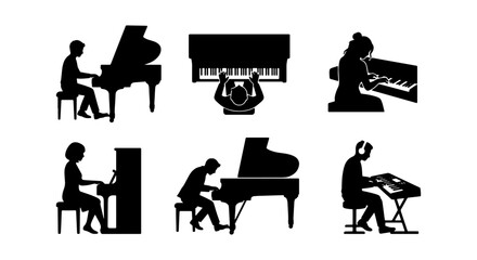 Piano Player Silhouettes: Diverse Poses, Grand & Upright Instruments, Keyboard Musician © Abdul