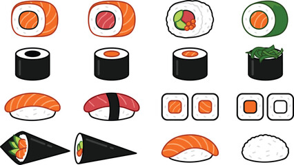 Japanese Sushi and Maki Roll Icon Set with Salmon, Tuna, Nigiri, Temaki, and Rice for Asian Food Menu Illustrations © Mifta