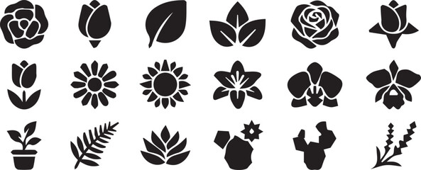 Plant floral silhouette icon set, rose tulip vector, sunflower orchid artwork, cactus fern design, succulent lavender graphic, botanical nature emblem © MD SAKIB