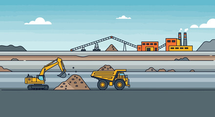 Mining operation with excavator, dump truck, and processing plant © Ani