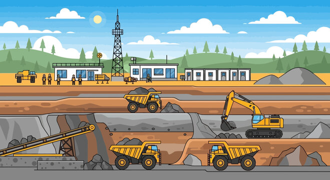 Pixel Art Open Pit Mine with Excavators and Dump Trucks, Industrial Scene