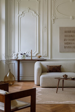 Elegant Living Room Interior with Classical Decor and Modern Minimalist Furnishings