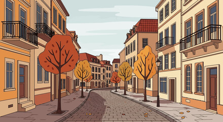 Obraz premium Autumn street in European city with colorful trees and vintage buildings