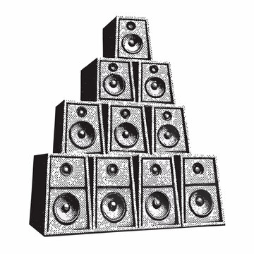 Stack Of Vintage Speakers Halftone Illustration On White Background