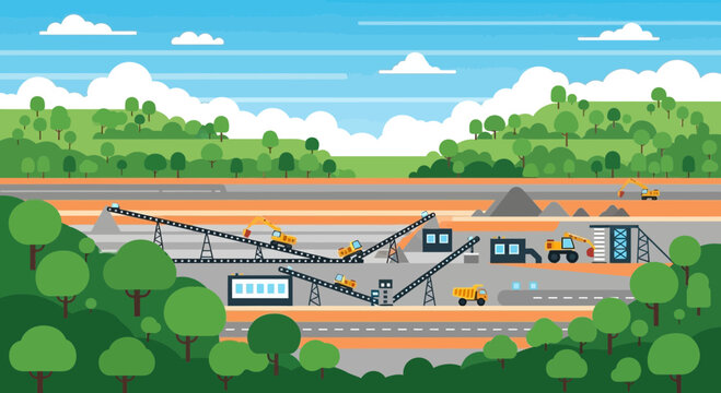 Flat design construction site with excavators, trucks, and conveyors in a landscape