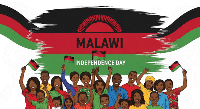 Vibrant illustration of people celebrating under malawi flag