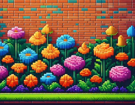 colorful pixel art flowers in a garden with green grass and orange bricks and blue tiles wall background