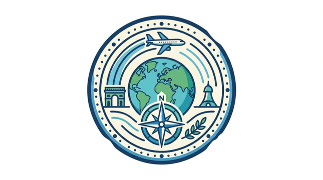 Global Travel Emblem with Landmarks and Compass Rose.