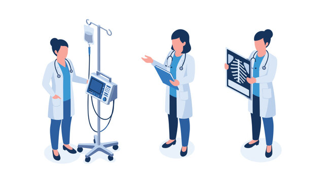 Female healthcare workers in professional attire are shown in various roles including monitoring equipment, taking notes, and reading x-rays.