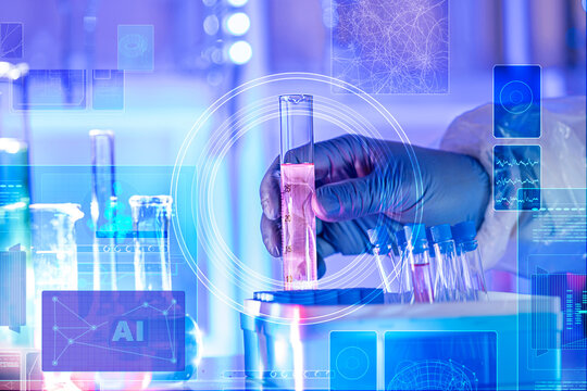AI-powered pharmaceutical and medical analysis concept with gloved lab hands working with chemical samples and glassware, digital data interface in clinic lab.