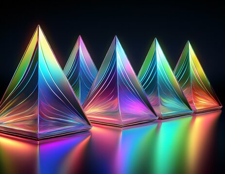row of holographic 3d glass pyramid prisms with rainbow colors and wavy lines