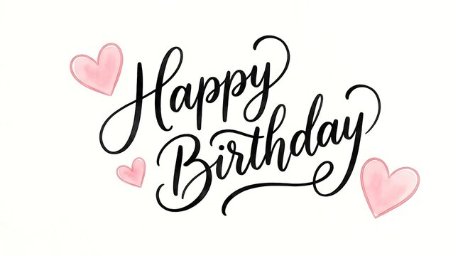 Happy birthday message with cute pink hearts on white background