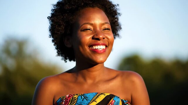 A smiling woman with a vibrant patterned wrap, sunlight