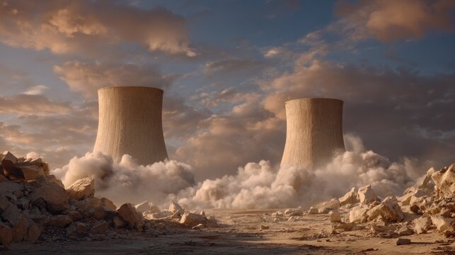 Two massive industrial cooling structures collapse amid clouds of dust and debris under a dramatic sky.