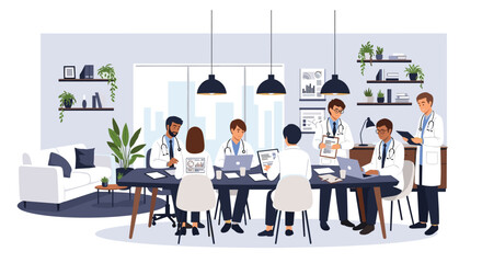 Fototapeta premium Large group of doctors and healthcare specialists sit around a modern conference table to discuss medical research and patient data.