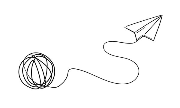 Continuous one line drawing of mental health concept with paper plane and tangled ball. Confused mind, problems and support to untangle knot in lineart style. Vector illustration