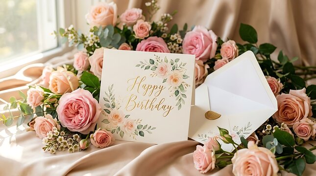 Beautiful pink roses and happy birthday card on beige fabric near window