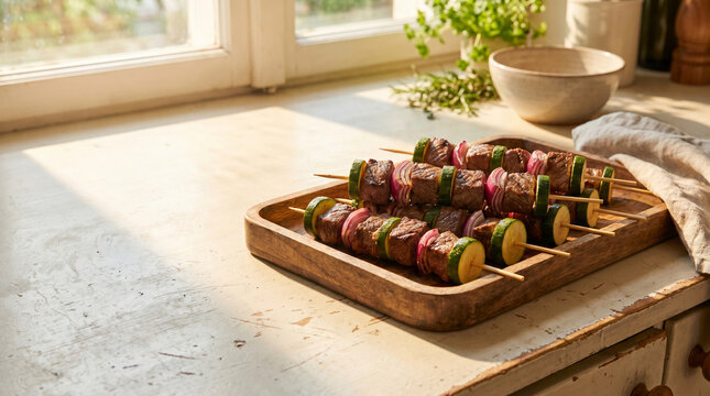 Freshly prepared marinated beef and vibrant vegetable kebabs on wooden skewers, artfully arranged on a rustic wooden tray by a sunlit kitchen window, ready for a delicious homemade meal