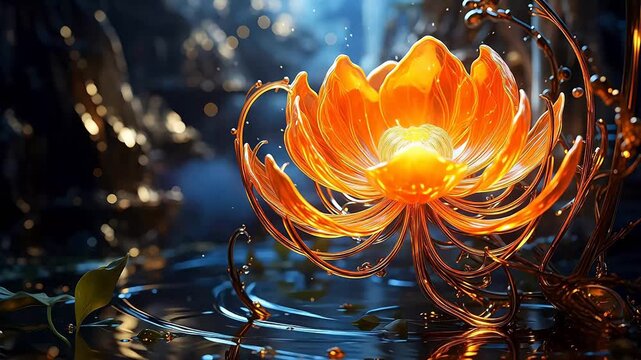 Digital technology glass golden flowers fantasy scene abstract background
