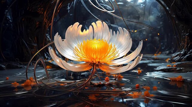 Digital technology glass golden flowers fantasy scene abstract background