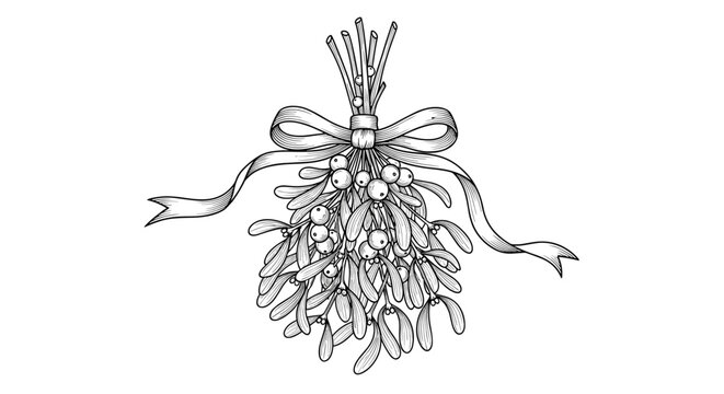 Detailed vintage engraving style illustration of a mistletoe bunch tied with a decorative ribbon on white background.