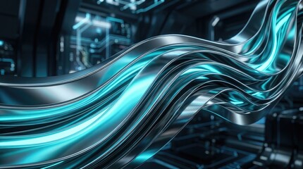 Obraz premium Abstract futuristic 3D render of smooth chrome ribbons with glowing turquoise light flowing with a sense of motion and energy on a dark background