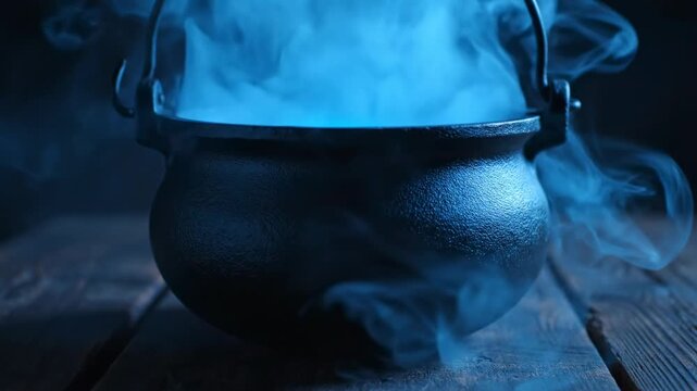 A smoking cauldron on wooden planks with a dark background