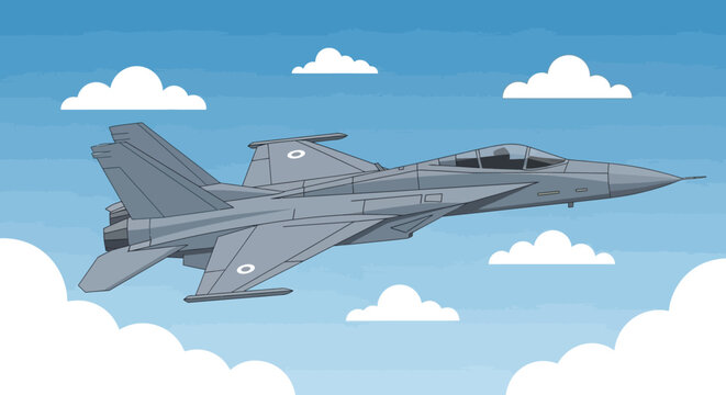 Military Fighter Jet Flying in the Sky Flat Vector Illustration