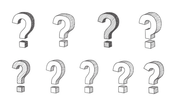 Eight hand drawn question marks in a grid pattern symbol punctuation query