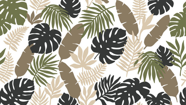 Seamless tropical leaf pattern with monstera and palm leaves in neutral earthy colors