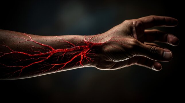 Detailed Human Forearm Anatomy with Visible Circulatory Blood Vessels