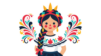 Fototapeta premium Beautiful Mexican girl dressed in a traditional white blouse and colorful floral crown with vibrant decorative swirls.