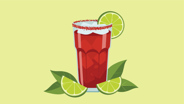 Refreshing red michelada cocktail served in a tall glass with a salted rim and garnished with fresh green lime slices and leaves.