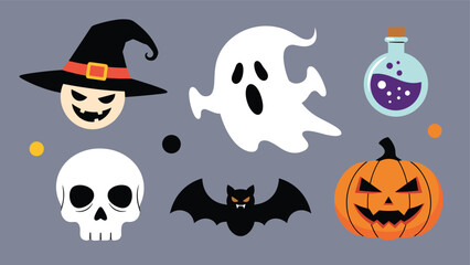 Obraz premium Collection of classic Halloween icons featuring a spooky ghost witch hat skull black bat jack o lantern and a potion bottle.