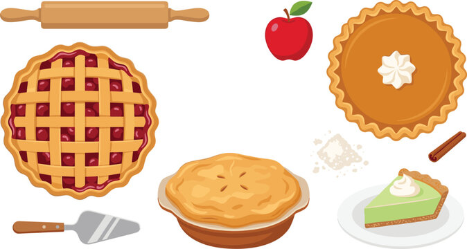 Pie and Baking Ingredient Vector Illustration Featuring Lattice Pie, Pumpkin Pie, Key Lime Slice, Apple, Flour, Cinnamon, Rolling Pin, and Server for Dessert Design Projects