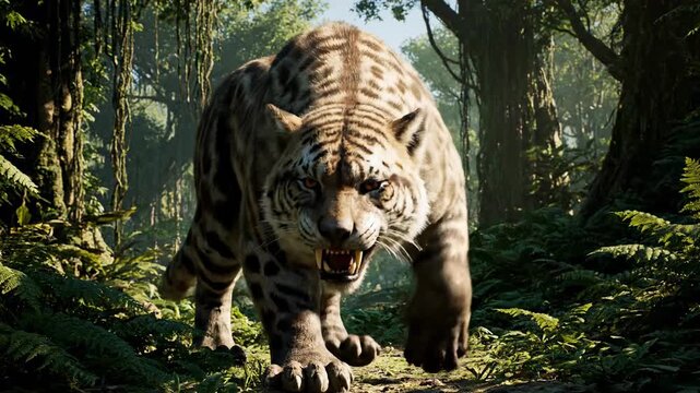 A snarling sabertooth tiger strides through a lush, verdant jungle environment