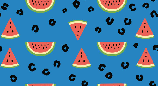 Unique seamless pattern with red watermelon slices and black leopard spots on a bright blue background for summer.