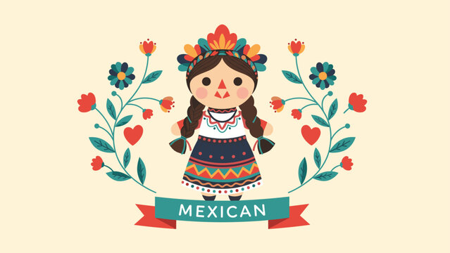 Traditional mexican rag doll illustration with braided hair and colorful folk dress surrounded by floral motifs and heart symbols.