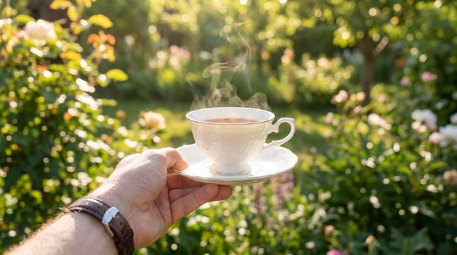 Hand holding steaming teacup in a sunny garden
